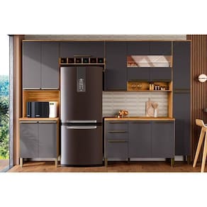 Cozinha Modulada Completa Nápoli  5 Peças 2 Aéreos + 1 Balcão + 1 Paneleiro + 1 Torre Quente C5p97 Amendoa Grafite Ronipa