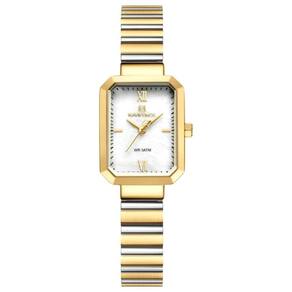 Relógio Para Mulheres Em Aço Inoxidável De Quartzo Design Quadrado À Prova Da Água Branco Dourado