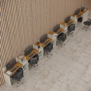 Conjunto De Escritório Smart 5 Livreiro 1 Buffet E 6 Mesas 90cm - Off White E Cedro Off White E Cedro
