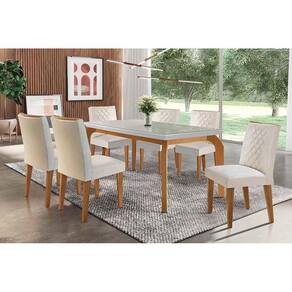 Conjunto Mesa De Cozinha Londrina Tampo Madeirado Com Vidro 180x90cm E 6 Cadeiras Jade Capuccino Suede Creme Rufato