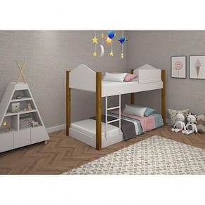Beliche Infantil Juvenil Luiza Branco Mel Com Pés de Madeira e Dois Colchões