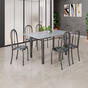 Conjunto de Mesa Tubular 140cm X 75cm Tampo em Granito Ocre com 6 Cadeiras Iris B Preto/ Prata