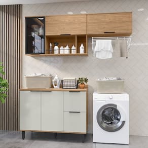 Lavanderia Modulada com 2 Aéreos e 1 Balcão com Tampo 100% Mdf Freijó/Off White