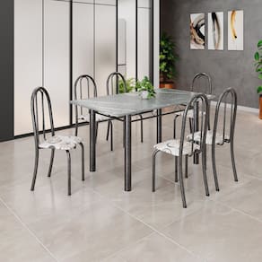 Conjunto de Mesa Tubular 140cm X 75cm Tampo em Granito Topázio com 6 Cadeiras Iris Arabesco/ Prata