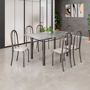Conjunto de Mesa Tubular 140cm X 75cm Tampo em Granito Topázio com 6 Cadeiras Iris B Bege/Prata