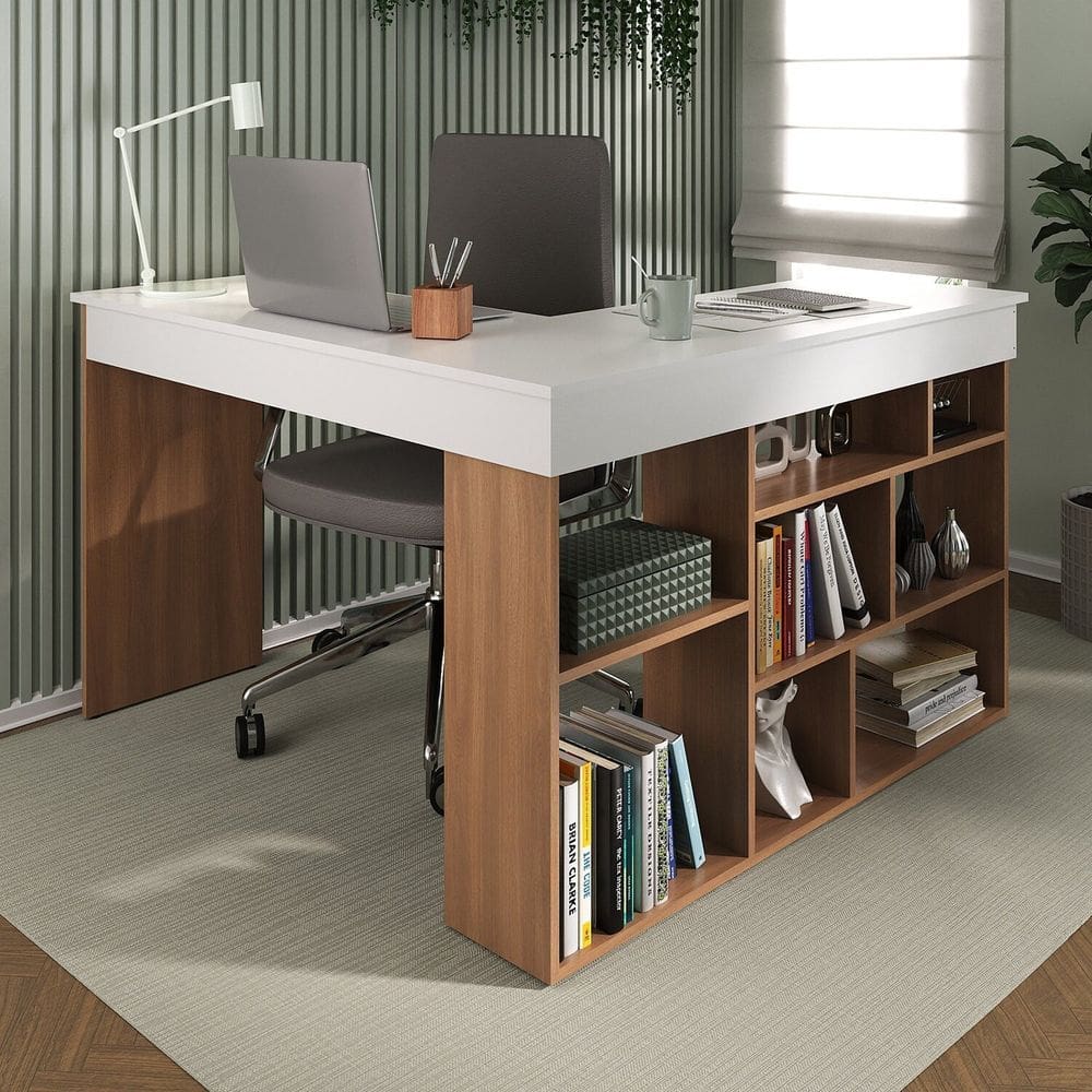 Mesa de Escritório 115,5x120cm em L 8 Nichos Montecello Nogal/Branco