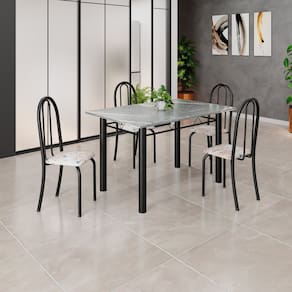 Conjunto de Mesa Tubular 120cm X 75cm Tampo em Granito Topázio com 4 Cadeiras Iris Bege / Preto