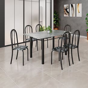 Conjunto de Mesa Tubular 140cm X 75cm Tampo em Granito Topázio com 6 Cadeiras Iris B Preto