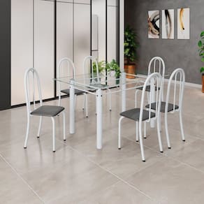 Conjunto de Mesa Tubular 140cm X 75cm Tampo em Vidro Incolor com 6 Cadeiras Iris B Preto / Branco