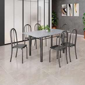 Conjunto de Mesa Tubular 140cm X 75cm Tampo em Granito Ocre com 6 Cadeiras Iris B Preto / Prata