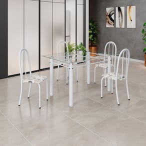 Conjunto de Mesa Tubular 120x75cm Tampo em Vidro com 4 Cadeiras Iris B Arabesco/Branco
