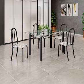 Conjunto de Mesa Tubular 120x75cm Tampo em Vidro com 4 Cadeiras Iris B Arabesco/Preto