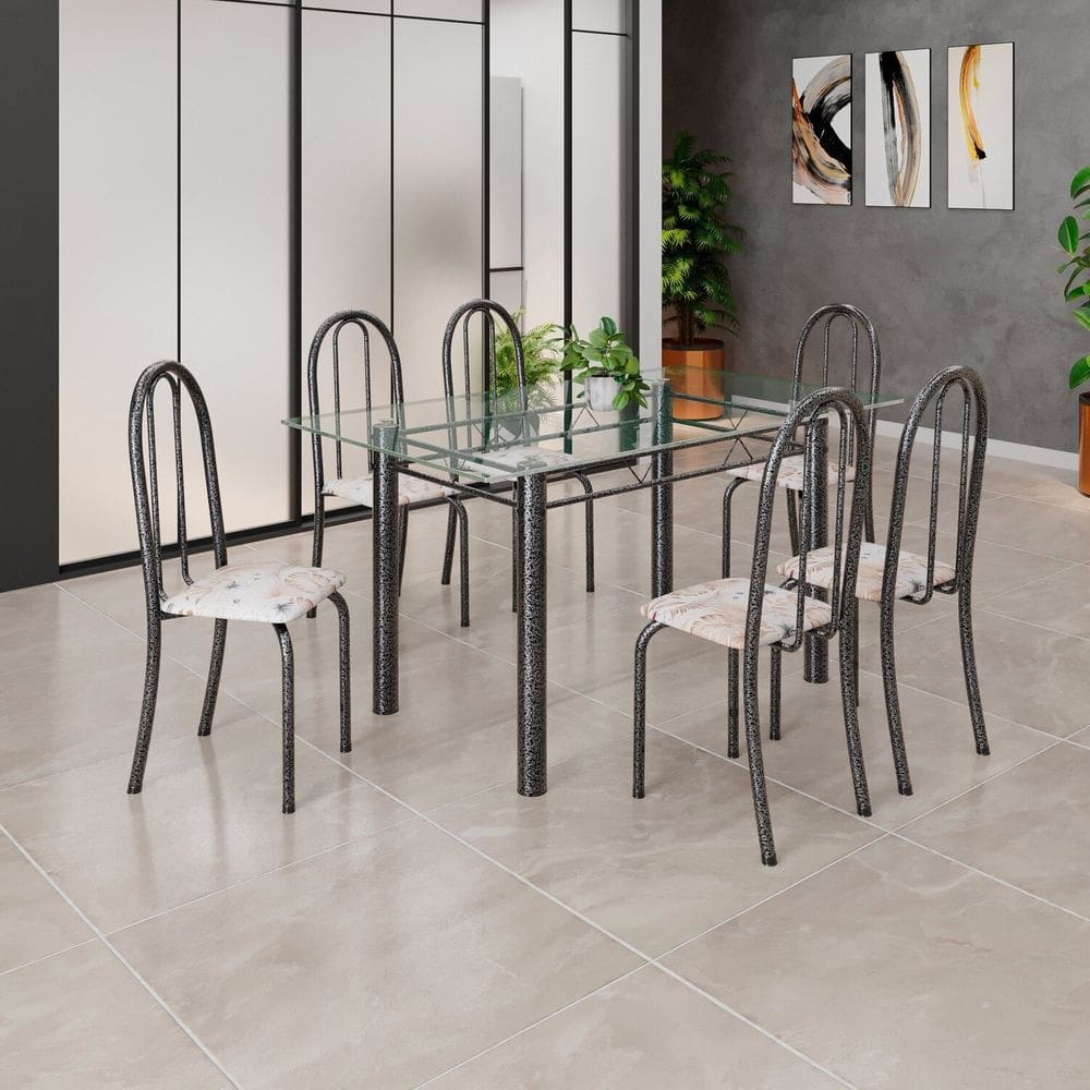 Conjunto de Mesa Tubular 140cm X 75cm Tampo em Vidro Incolor com 6 Cadeiras Iris B Bege / Prata