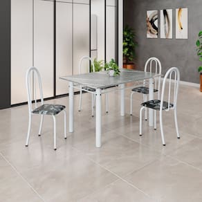 Conjunto de Mesa Tubular 120cm X 75cm Tampo em Granito Topázio com 4 Cadeiras Iris Preto / Branco
