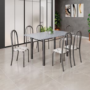 Conjunto de Mesa Tubular 140cm X 75cm Tampo em Granito Ocre com 6 Cadeiras Iris B Arabesco/ Prata