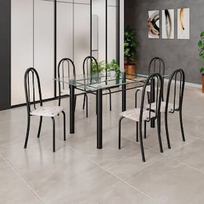 Conjunto de Mesa Tubular 140cm X 75cm Tampo em Vidro Incolor com 6 Cadeiras Iris B Bege / Preto