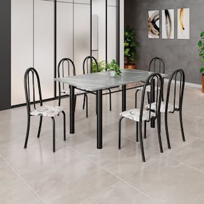 Conjunto de Mesa Tubular 140cm X75 Cm Tampo em Granito Topázio com 6 Cadeiras Iris Arabesco / Preto
