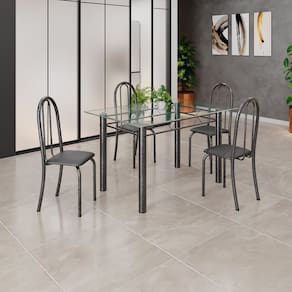 Conjunto de Mesa Tubular 120x75cm Tampo em Vidro com 4 Cadeiras Preto Liso/Martelado Prata