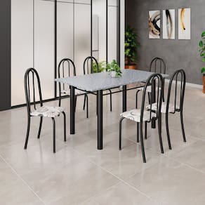 Conjunto de Mesa Tubular 140cm X 75cm Tampo em Granito Ocre com 6 Cadeiras Iris B Arabesco / Preto