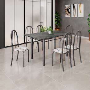 Conjunto de Mesa Tubular 140cm X 75cm Tampo em Ardósia Indiano com 6 Cadeiras Iris B Arabesco/ Prata