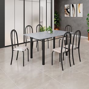 Conjunto de Mesa Tubular 140cm X 75cm Tampo em Granito Ocre com 6 Cadeiras Iris B Bege / Preto