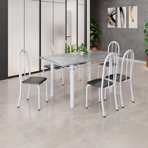 Conjunto de Mesa Tubular 140cm X 75cm Tampo em Granito Topázio com 6 Cadeiras Iris Preto/ Branco