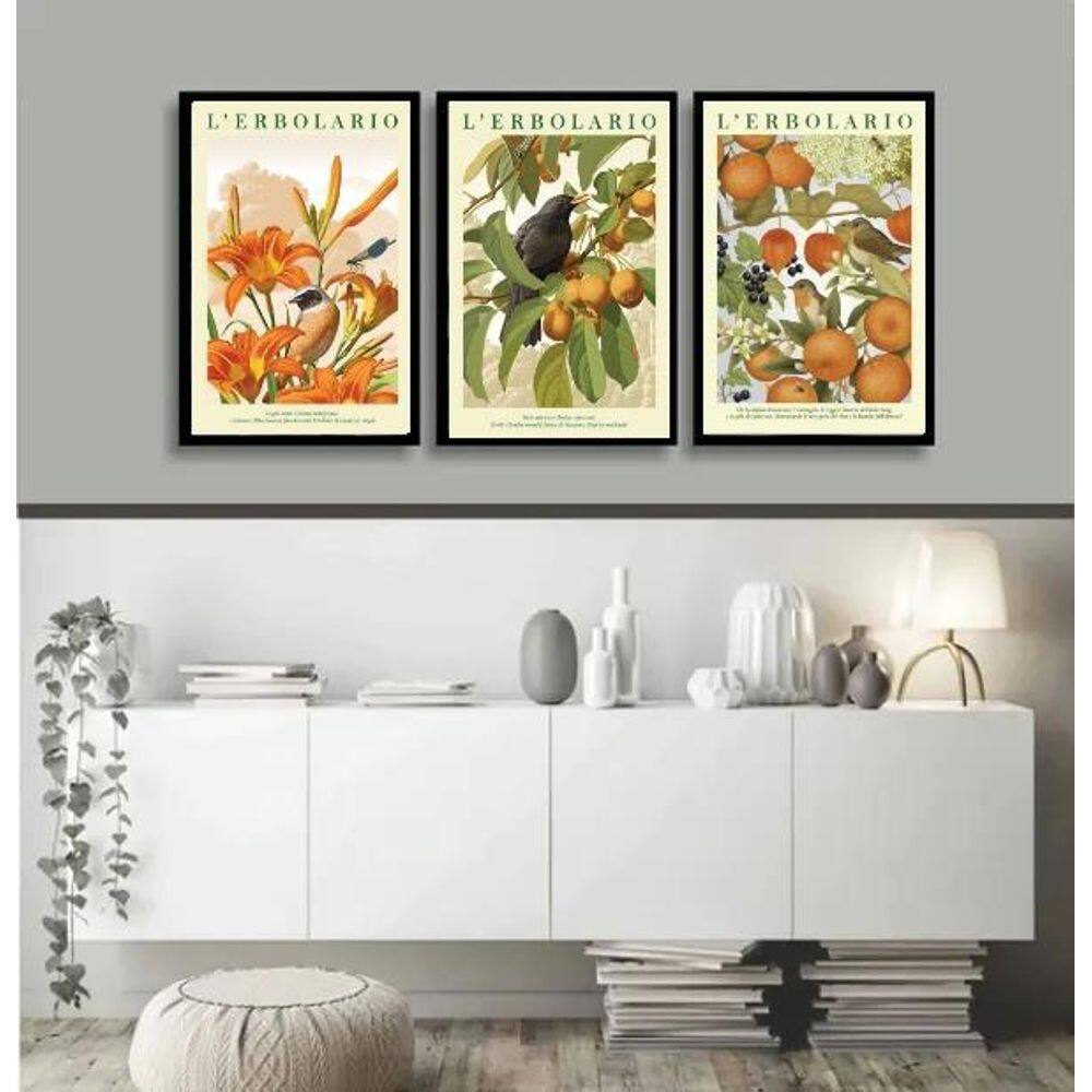 Kit 3 Quadros Passarinhos Flores E Frutos Laranja 33X24Cm