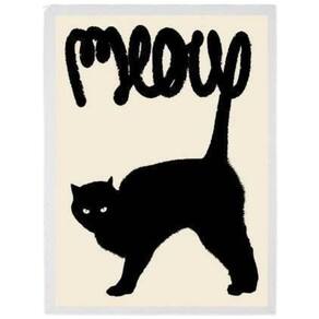 Quadro Gato Preto Meow 45X34Cm - Com Vidro - Madeira Branca