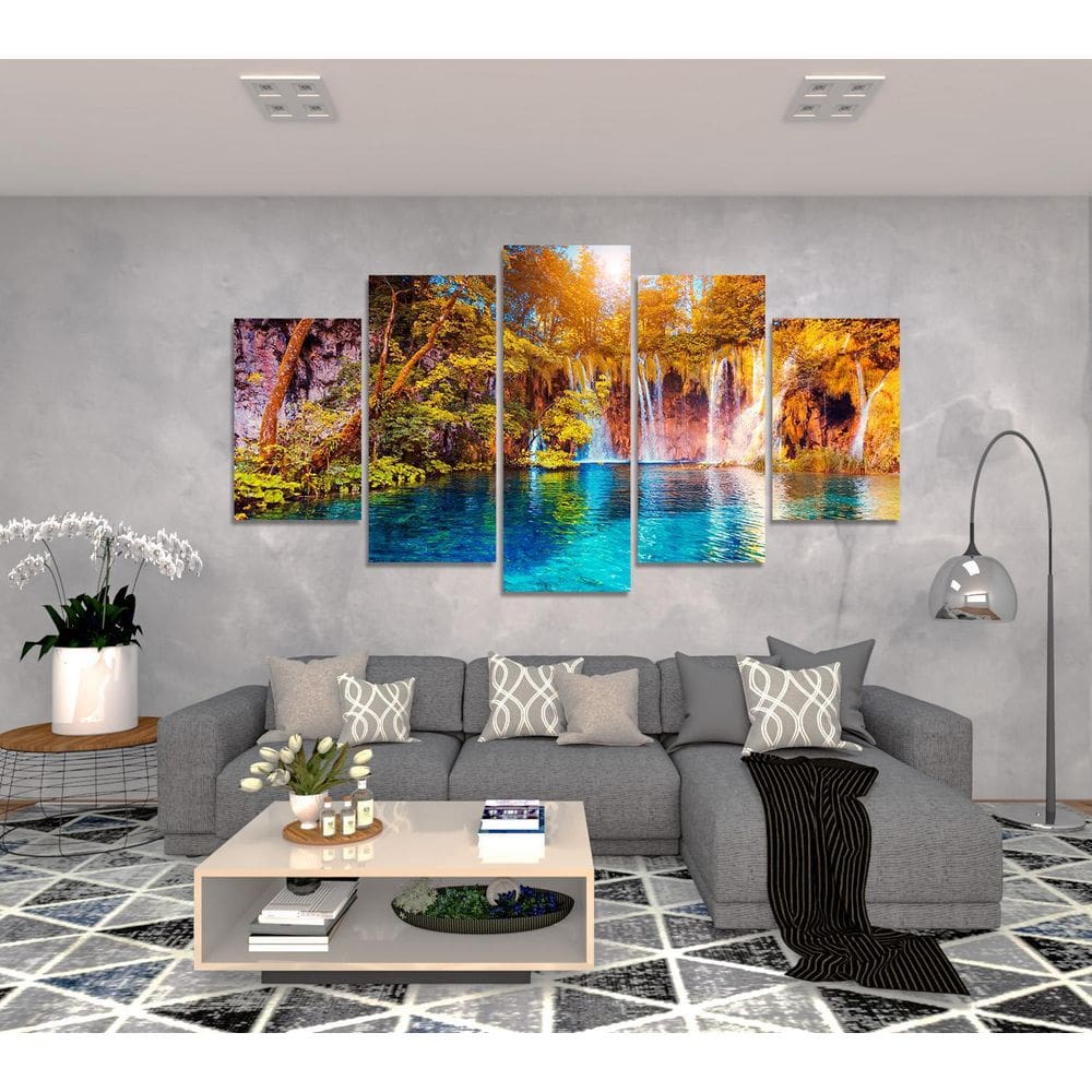 Kit 5 Quadro Decorativo Para Sala Casa Cachoeira Água
