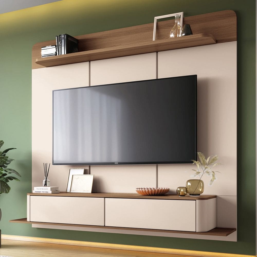 Painel TV 70 Pol 180cm Bancada Suspensa Galax Off/Castanho - HB Móveis