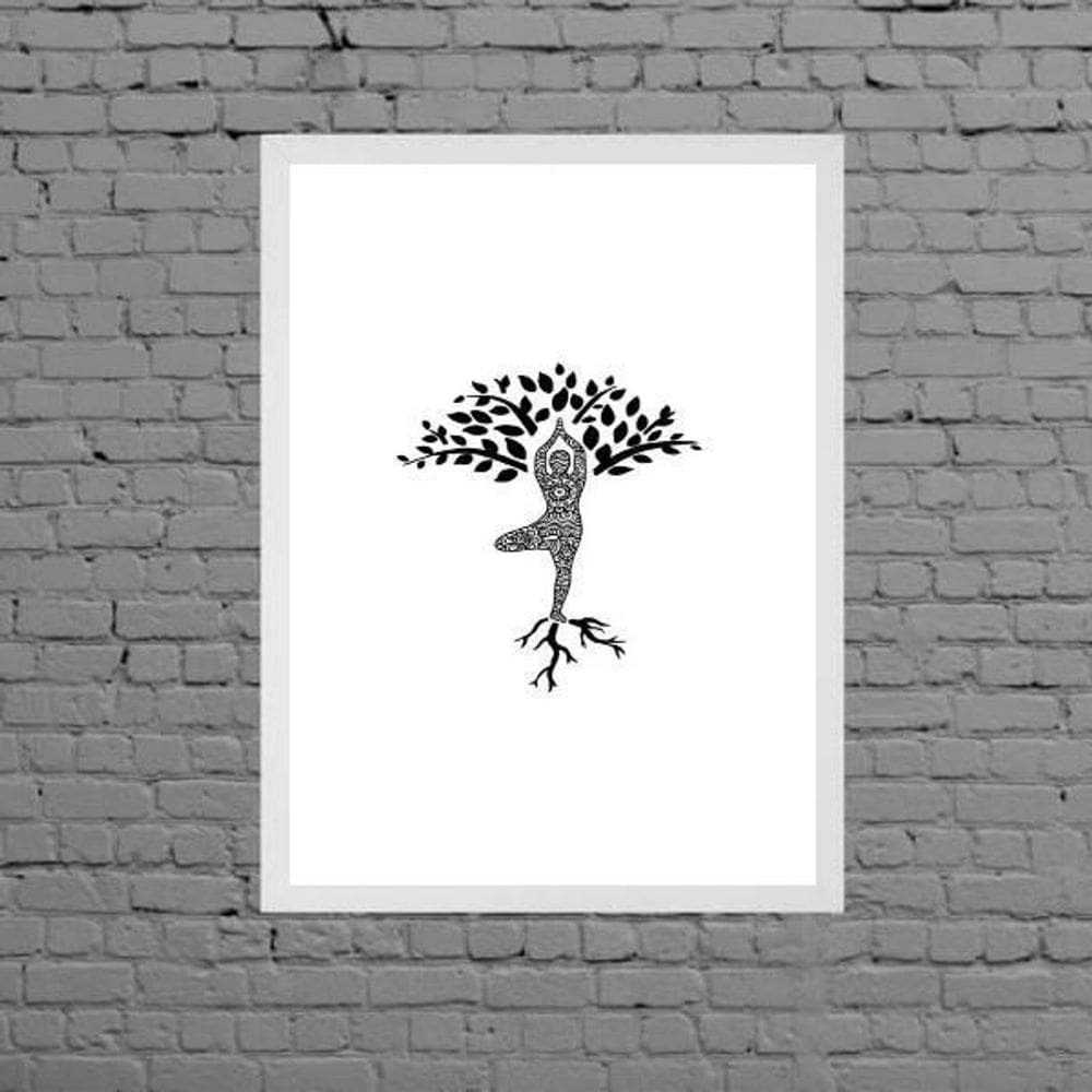 Quadro Decorativo Yoga Árvore 45X34Cm Vidro Moldura Branca