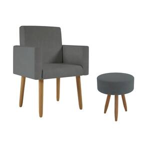 Poltrona Decorativa Cadeira Recepção Com Puff Balaqui Decor Cinza