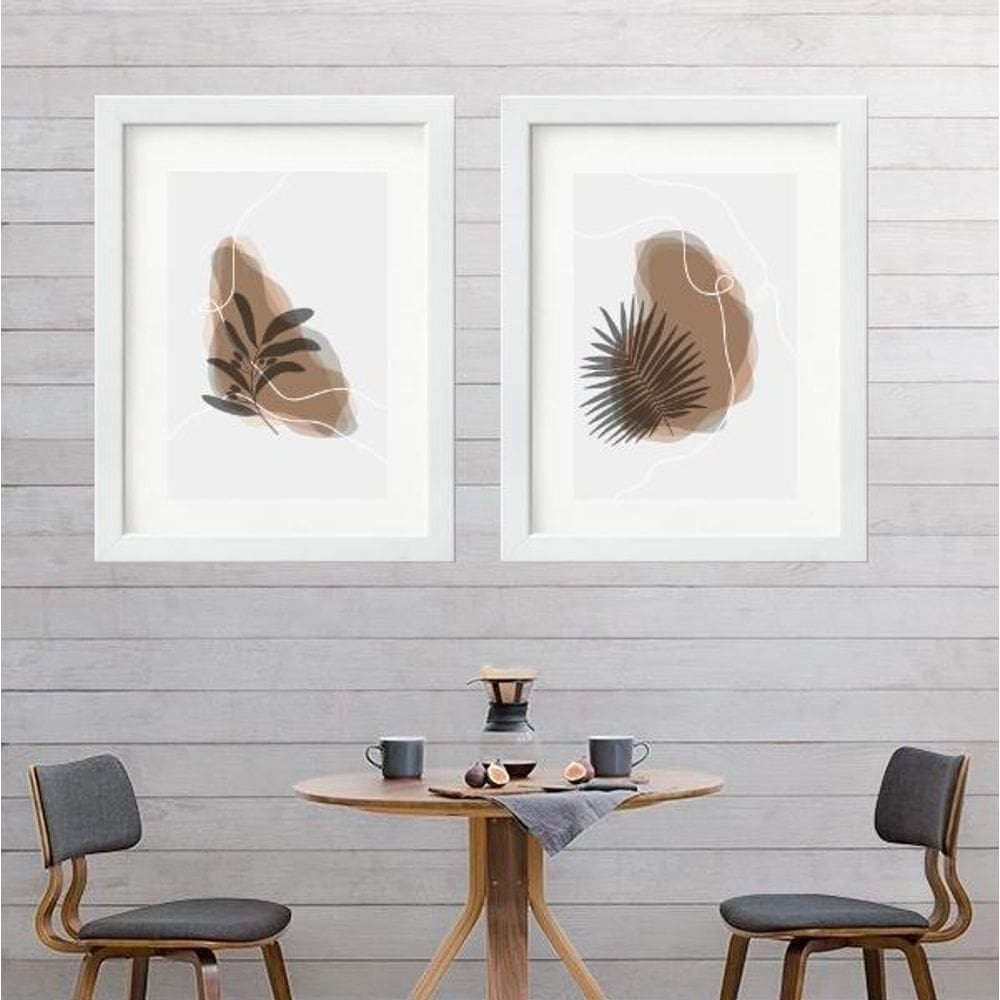 Kit 2 Quadros Aquarela Folhas Marrom - 60X48Cm