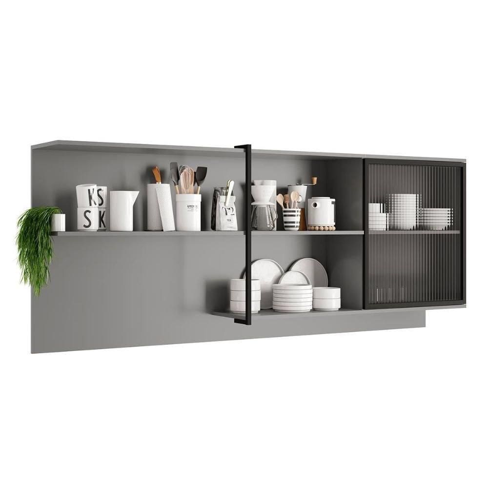 Armário Aéreo Cozinha Modulado Alpha 2504 Com 1 Porta Com Vidro Canelado 200cm Cinza