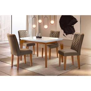 Conjunto Mesa De Cozinha Londrina Tampo Madeirado Com Vidro 120x80cm E 4 Cadeiras Jade Imbuia Suede Capuccino Rufato