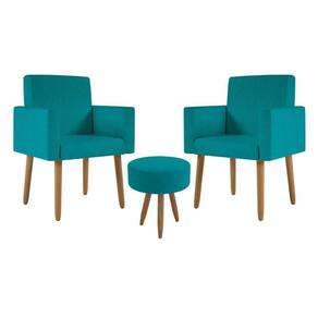 Kit 2 Poltronas Cadeira Recepção Nina Com Puff Balaqui Decor Azul Turquesa