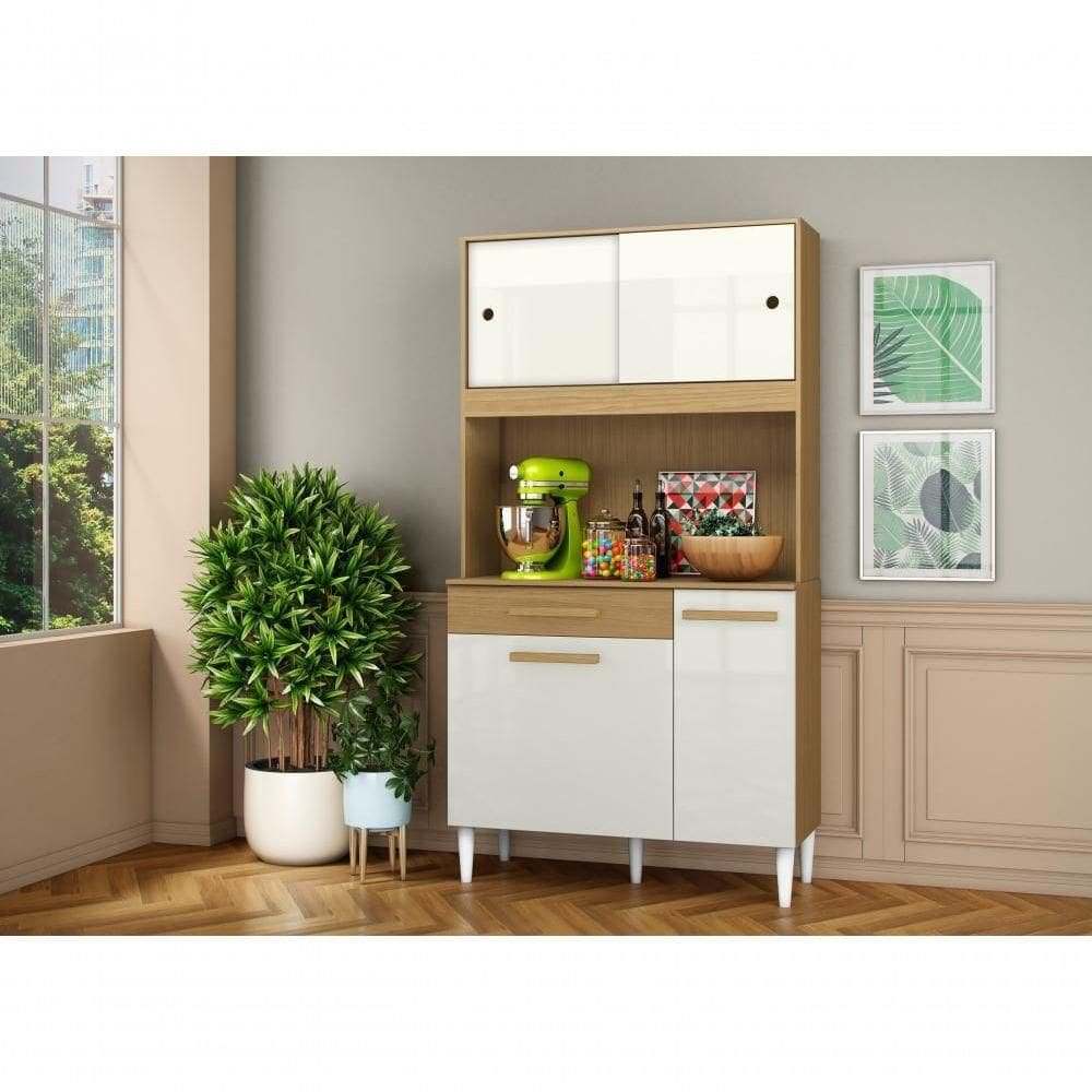 Armário De Cozinha Compacta 4 Portas Pés Plásticos E 1 Gaveta Cosina - Marrom E Off White Marrom E Off White
