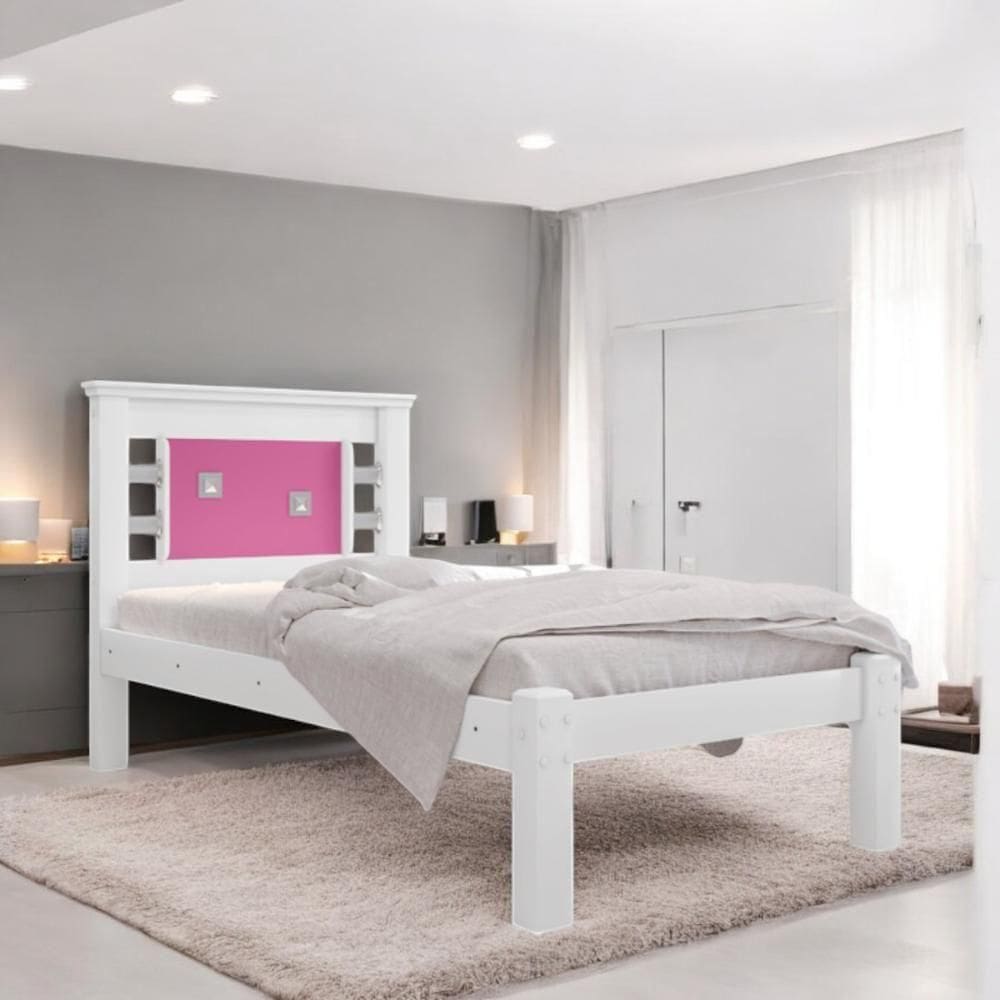 Cama Solteiro Com Cabeceira Lavínia Branca e Rosa