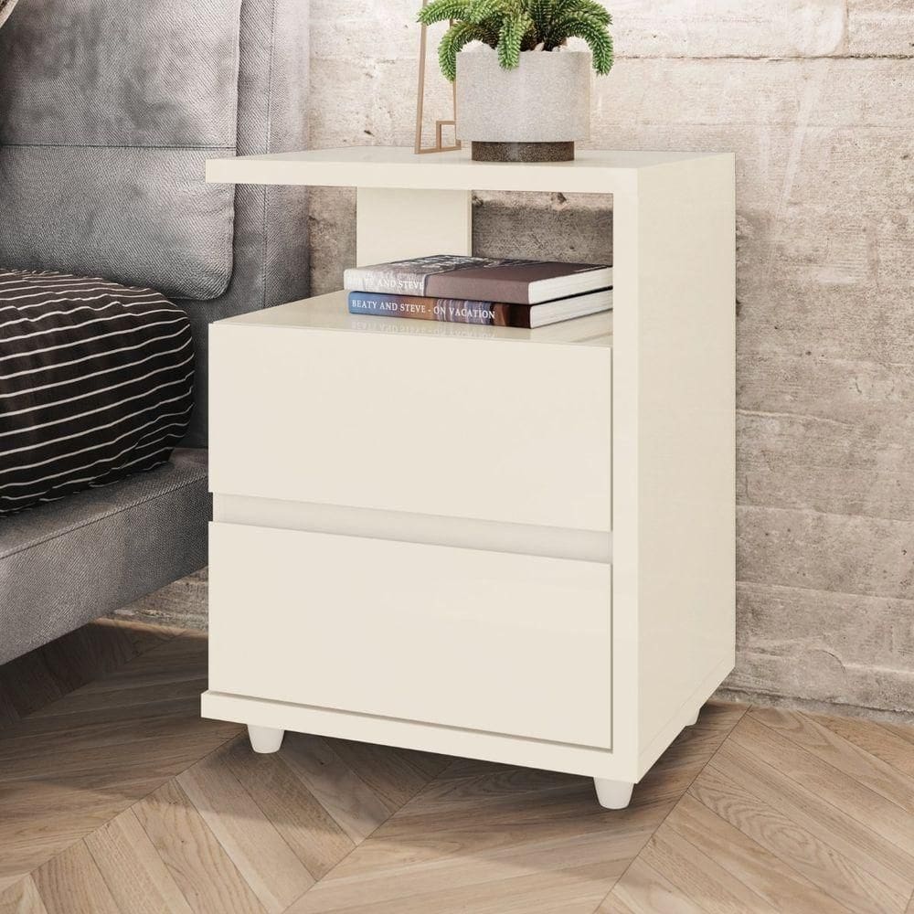 Mesa De Apoio E Cabeceira 2 Gavetas Chanfradas - Campeche - Off White