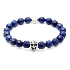 Pulseira Masculina Pedra Lápis Lazuli Caveira e Beads