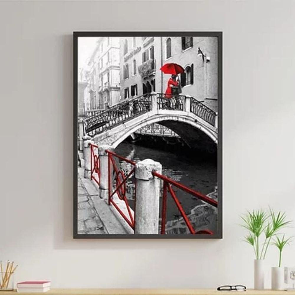 Quadro Casal Com Sombrinha Vermelha 24X18Cm - Madeira Preta