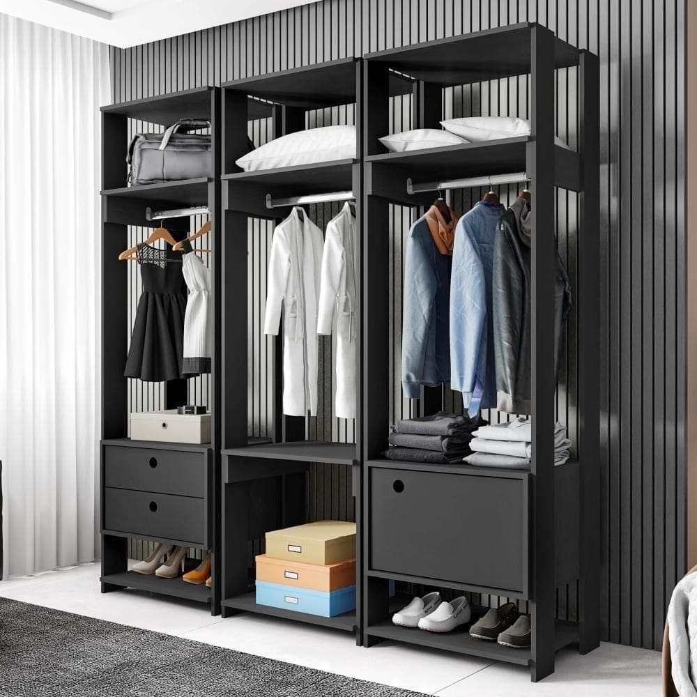 Roupeiro Madri Preto Com Porta e Gaveta