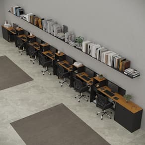 Conjunto De Escritório Smart 6 Livreiro 2 Buffet E 7 Mesas 90cm - Preto E Cedro Preto E Cedro