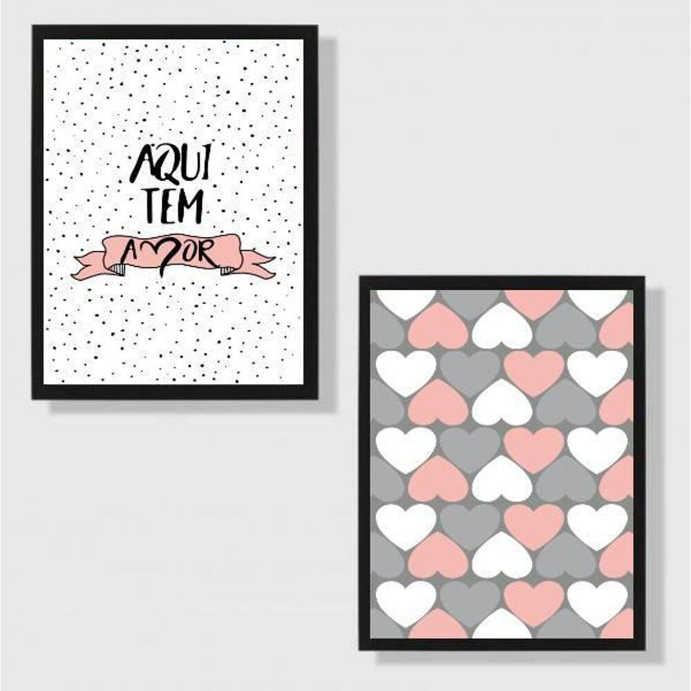 Kit 2 Quadros Aqui Tem Amor Rosa 24X18Cm