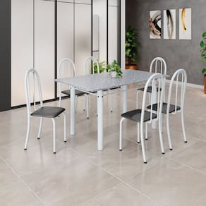 Conjunto de Mesa Tubular 140cm X 75cm Tampo em Granito Ocre com 6 Cadeiras Iris B Preto / Branco