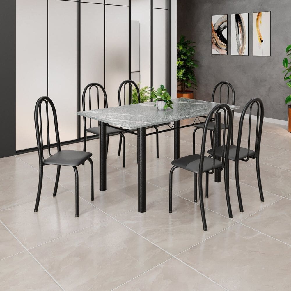 Conjunto de Mesa Tubular 140cm X 75cm Tampo em Granito Topázio com 6 Cadeiras Iris B Preto