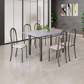 Conjunto de Mesa Tubular 140cm X 75cm Tampo em Granito Ocre com 6 Cadeiras Iris B Bege / Prata
