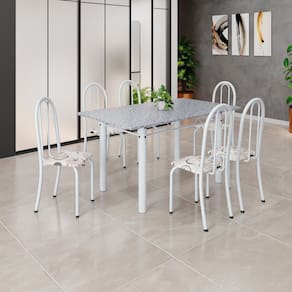 Conjunto de Mesa Tubular 140cm X 75cm Tampo em Granito Ocre com 6 Cadeiras Iris B Arabesco/ Branco