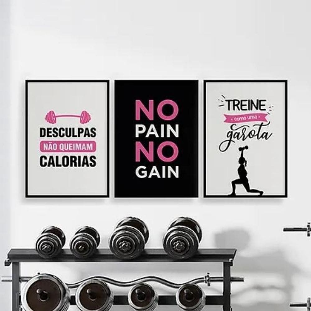Kit 3 Quadros Academia Feminino 33X24Cm - Com Vidro