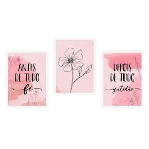 Kit 3 Quadros Sobre Fé E Gratidão Rosa 33X24 C/Vidro Branca